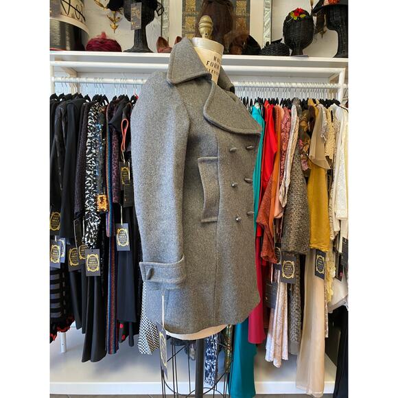 vintage 1970s gray wool double breasted pea coat, mod, med, butterfly collar - Picture 4 of 8